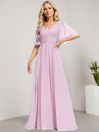 Vestido de novia de corte A, escote en V, largo hasta el suelo, de gasa de encaje con lentejuelas para la madre de la novia 