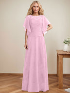 Vestido de novia de corte A, escote redondo, ilusión, largo hasta el suelo, de encaje y gasa con lentejuelas. 