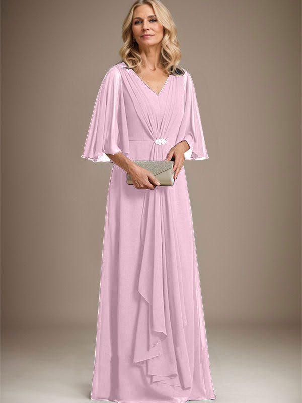 Vestido de corte A, escote en V, largo hasta el suelo, de gasa, para la madre de la novia, con volantes en cascada y broche de cristal. 