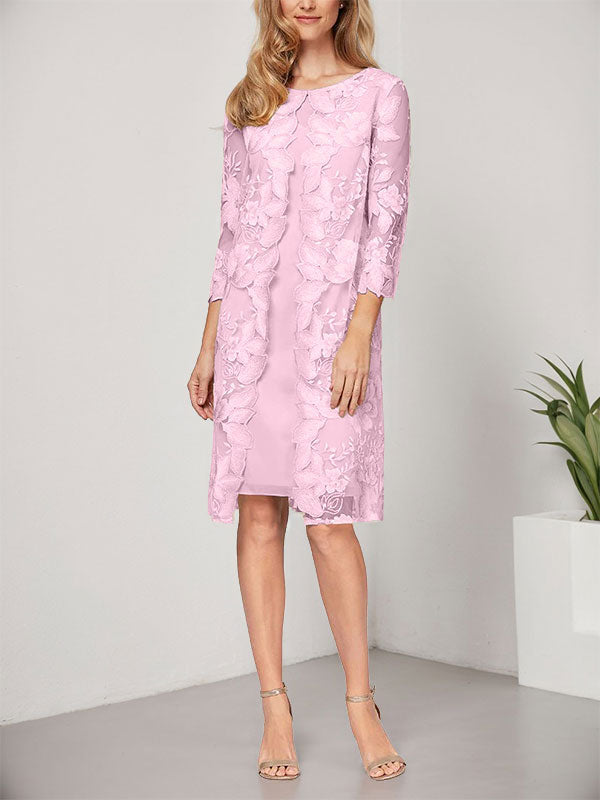 Vestido de corte A, escote redondo, largo hasta la rodilla, de gasa y encaje, para la madre de la novia, con chaqueta. 