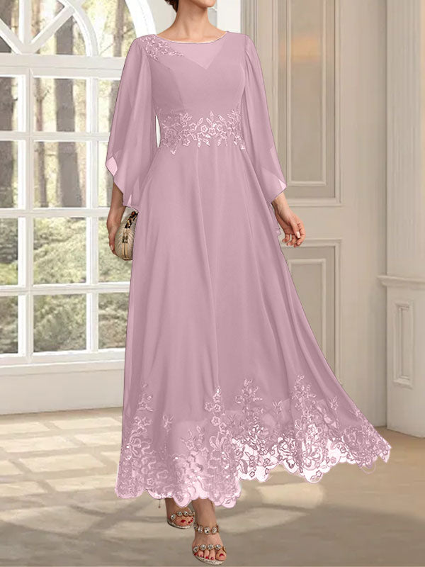 Robe de mère de la mariée en mousseline de dentelle, coupe trapèze, décolleté illusion, longueur cheville, ornée de sequins 