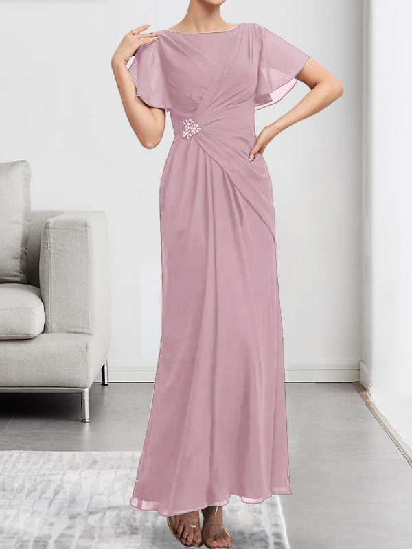 Vestido de gasa de corte A, escote redondo, largo hasta el tobillo, para la madre de la novia, con plisados ​​y cuentas.