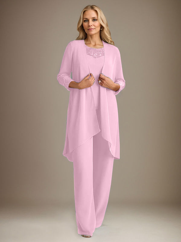 Tailleur-pantalon en mousseline à manches longues et col rond pour la mère de la mariée, avec veste 