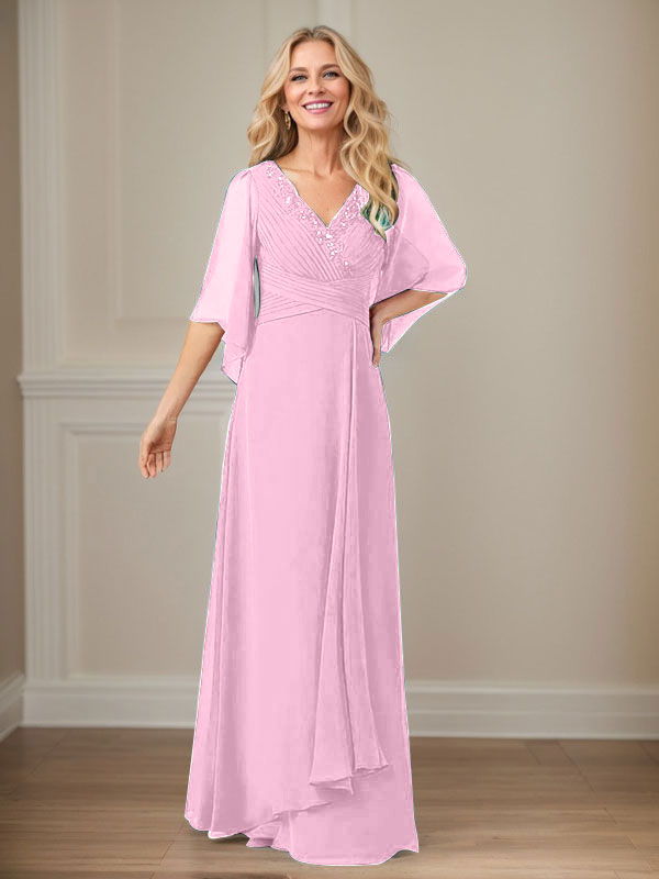 Robe de mère longue en mousseline à sequins, coupe trapèze et col en V