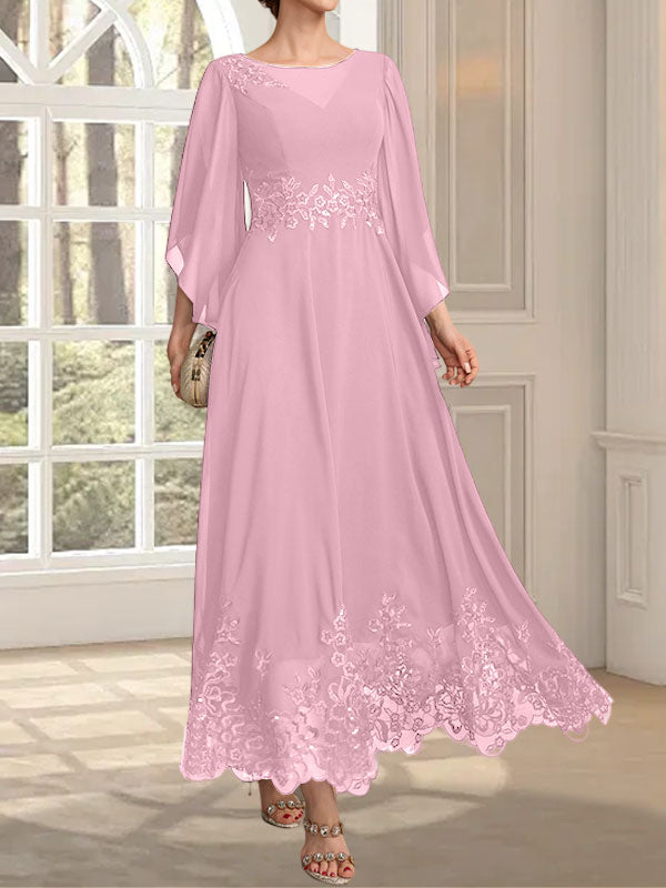 Robe de mère de la mariée en mousseline de dentelle, coupe trapèze, décolleté illusion, longueur cheville, ornée de sequins 