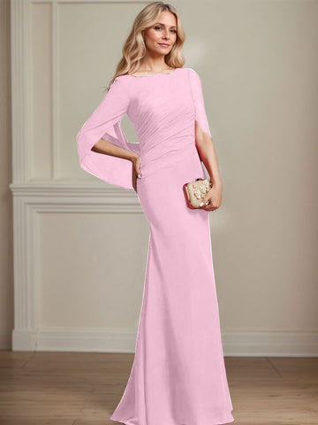 Robe de mère de la mariée en mousseline de soie, coupe trompette/sirène, col bateau, longueur au sol, avec plis 