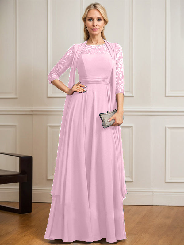 Vestido de novia de corte A, escote redondo ilusión, largo hasta el suelo, de gasa de encaje con pliegues. 