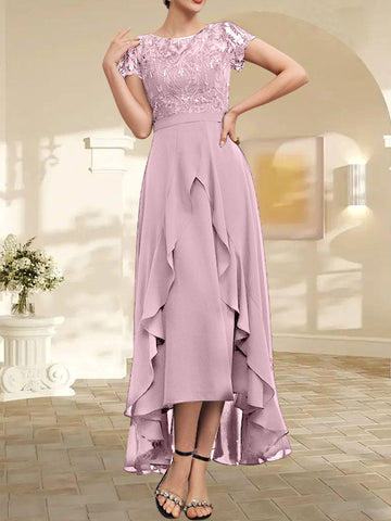 A-line Scoop Illusion Asymmetrical Chiffon Lace Mother of the Bride Dress With Bow Ruffle Sequins