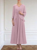 Vestido de corte A, escote en V, largo hasta el tobillo, de gasa, para la madre de la novia, con apliques de lentejuelas, encaje y pedrería.