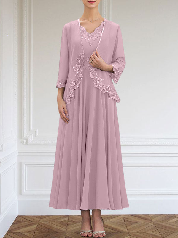 Vestido de corte A, escote en V, largo hasta el tobillo, de gasa, para la madre de la novia, con apliques de lentejuelas, encaje y pedrería.