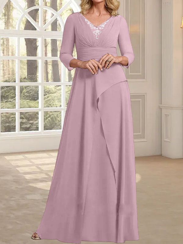 Vestido de gasa de corte A, escote en V, largo hasta el suelo, para la madre de la novia, con plisados ​​y cuentas.