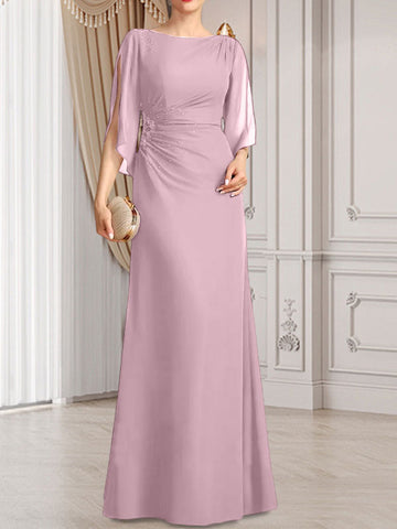 Robe fourreau/colonne longue en mousseline pour la mère de la mariée, ornée de perles plissées.