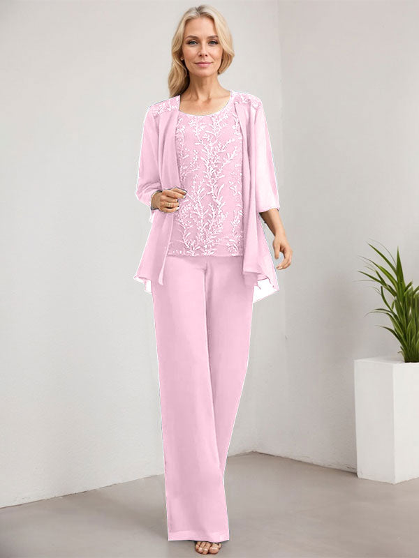 Vestido de novia de gasa con encaje y lentejuelas, estilo mono/pantalón, largo hasta el suelo, con escote redondo.