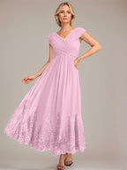 Vestido de gasa de corte evasé, escote en V, largo hasta el tobillo, para la madre de la novia, con apliques de lentejuelas. 