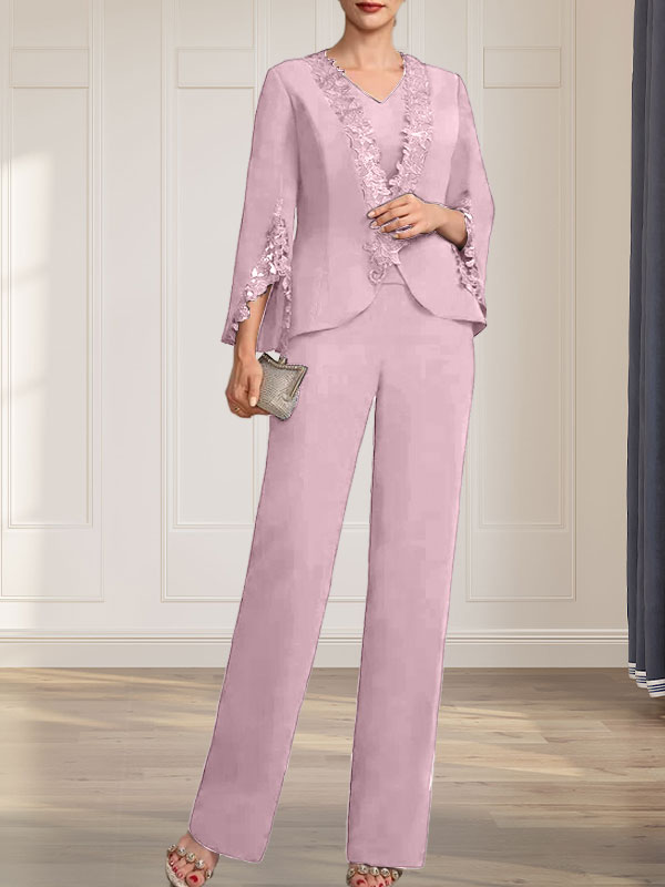 Combinaison/Tailleur-pantalon deux pièces, robe longue en mousseline à col V pour la mère de la mariée