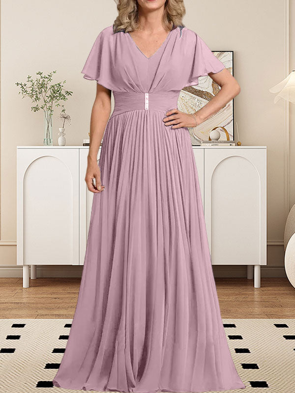 Vestido de gasa de corte A, escote en V, largo hasta el suelo, para la madre de la novia, con broche de cristal y pliegues. 