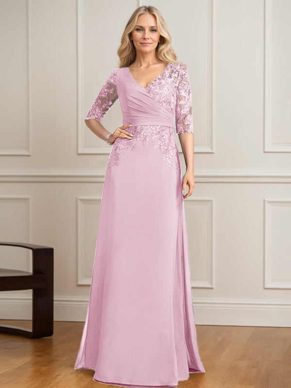 Robe de mère de la mariée en mousseline de dentelle, coupe trapèze, col en V, longueur au sol, ornée de sequins plissés 