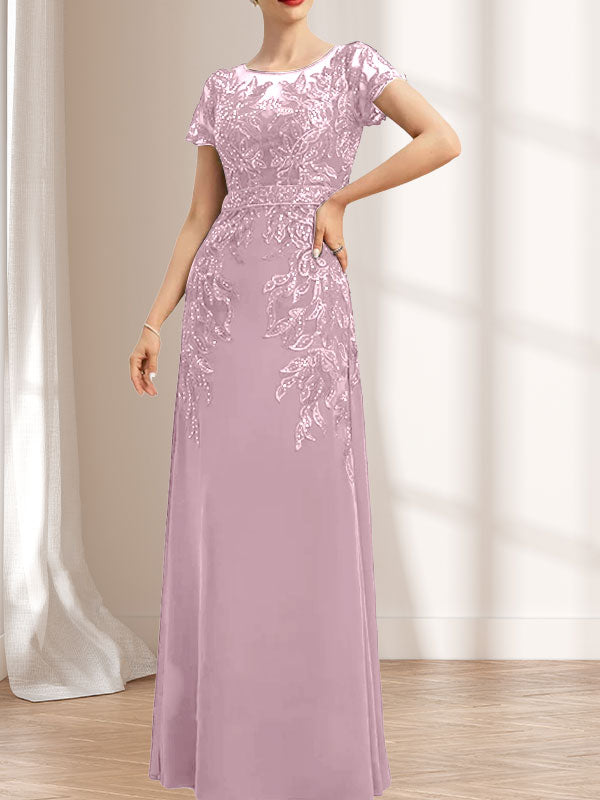 Vestido de novia de corte recto/columna, escote redondo, ilusión, largo hasta el suelo, de encaje y gasa con lentejuelas.