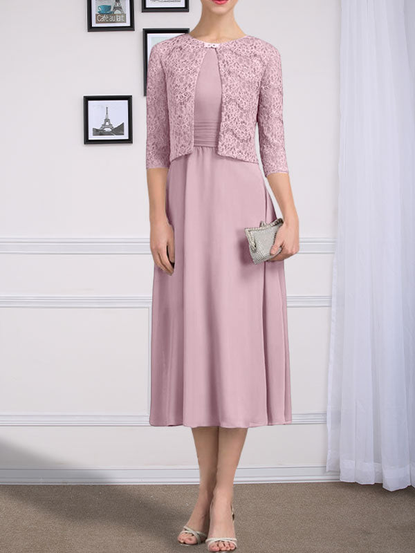 Vestido de chifón de corte línea A, largo té, para la madre de la novia, con escote redondo y pliegues.