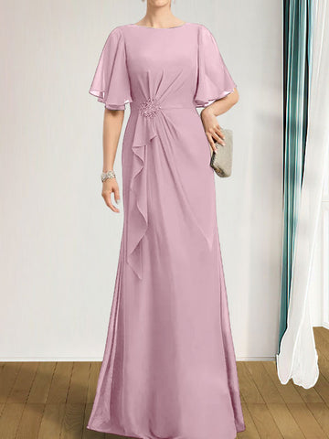 A-line Scoop Floor-Length Chiffon Mother of the Bride Dress With Cascading Ruffles Beading Sequins