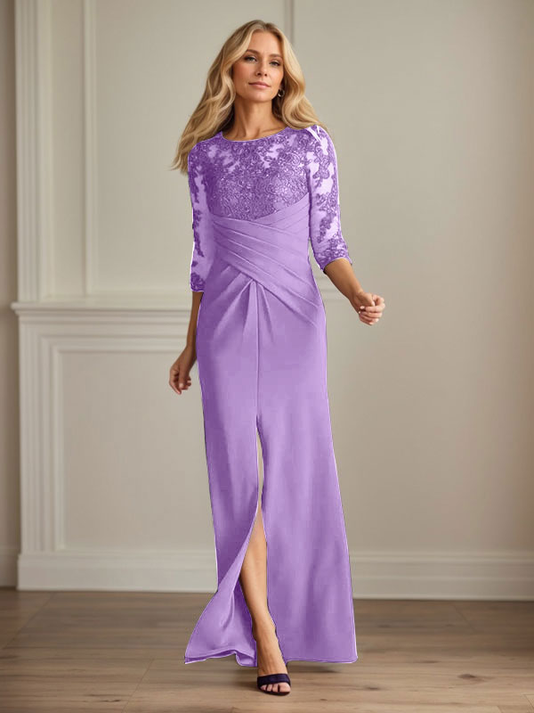 Vestido de madrina de la novia color ciruela, de encaje elástico y corte sirena. 