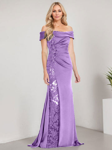 A-Line Off the Shoulder Floor-Length Mother of the Bride Dress Applique Beadings Mermaid Dress With  High Split