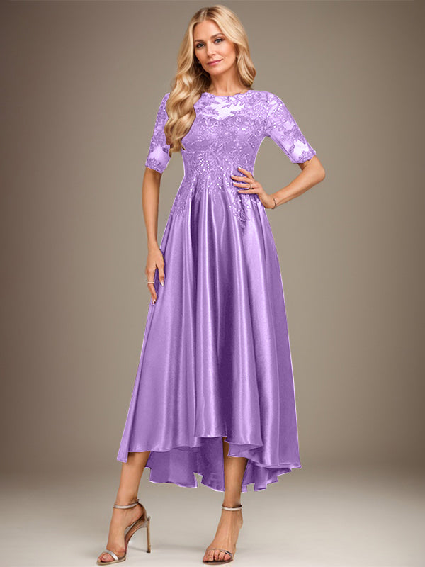 Robe de mère de la mariée asymétrique en satin stretch dentelle et dentelle, coupe trapèze, effet illusion, ornée de sequins 