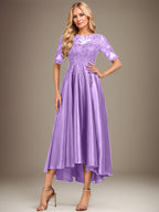 Robe de mère de la mariée asymétrique en satin stretch dentelle et dentelle, coupe trapèze, effet illusion, ornée de sequins 