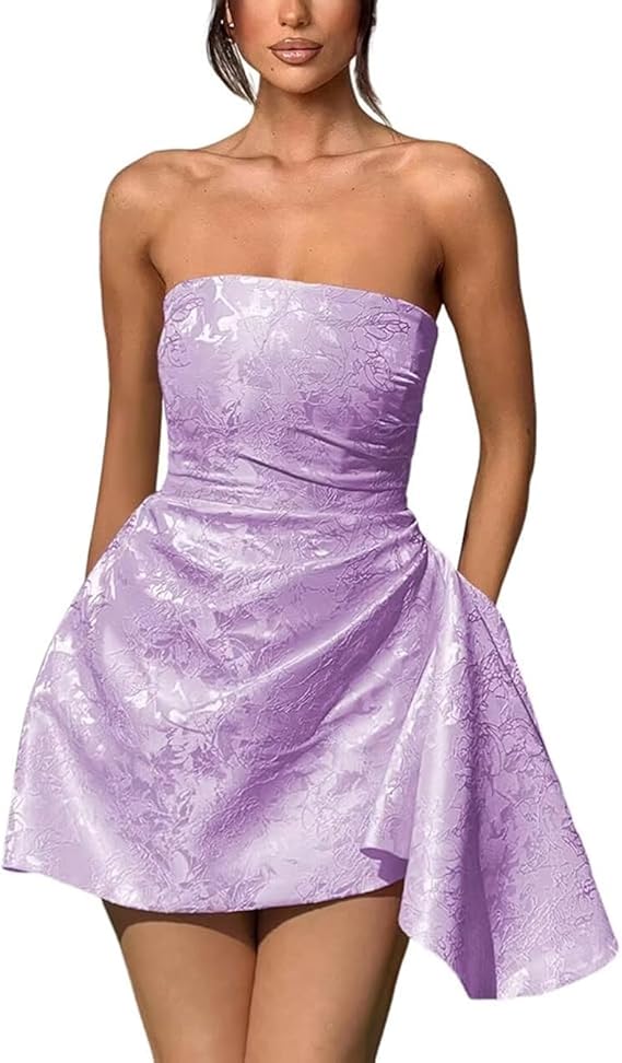 Vestido corto de fiesta de bienvenida, sin tirantes, corte en A, de satén jacquard, asimétrico, con cordones.