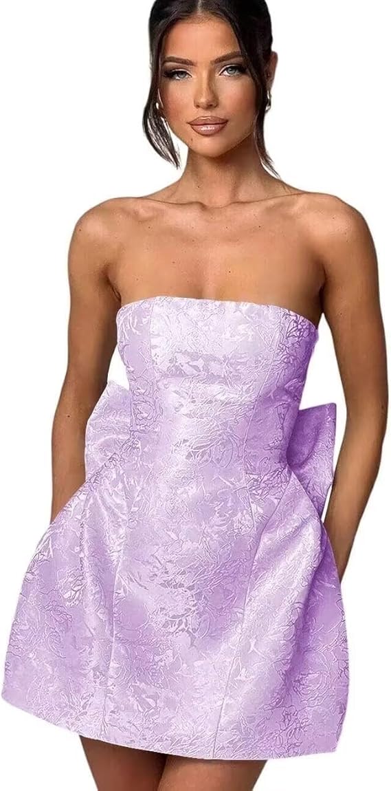 Robe de bal courte bustier sans manches en satin jacquard à lacets avec nœud