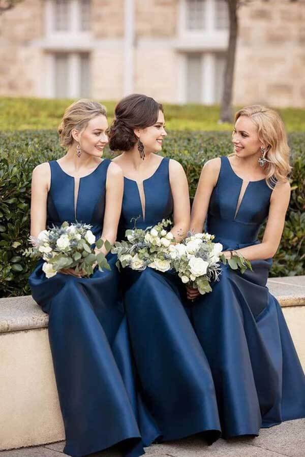 Robes de demoiselle d'honneur en satin, coupe trapèze, col en V, robes de cortège nuptial 