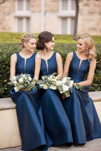 Robes de demoiselle d'honneur en satin, coupe trapèze, col en V, robes de cortège nuptial 