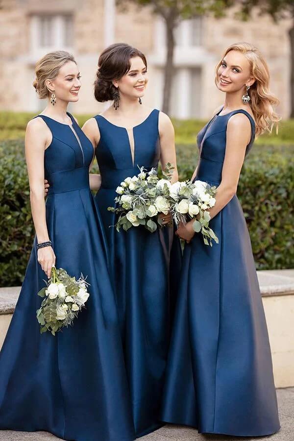 Robes de demoiselle d'honneur en satin, coupe trapèze, col en V, robes de cortège nuptial 