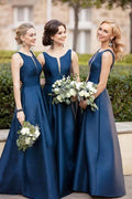 Robes de demoiselle d'honneur en satin, coupe trapèze, col en V, robes de cortège nuptial 