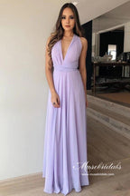 Vestidos sencillos de dama de honor de gasa lila, corte en A, escote en V y largo hasta el suelo 