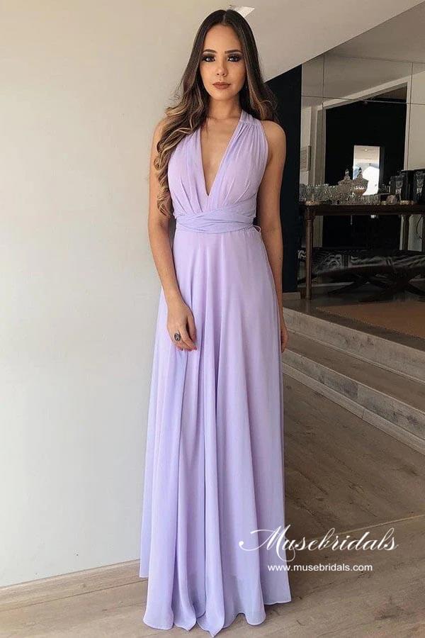 Vestidos sencillos de dama de honor de gasa lila, corte en A, escote en V y largo hasta el suelo 