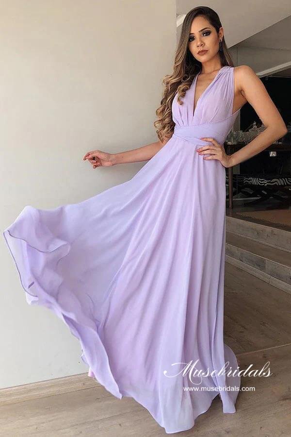 Vestidos sencillos de dama de honor de gasa lila, corte en A, escote en V y largo hasta el suelo 