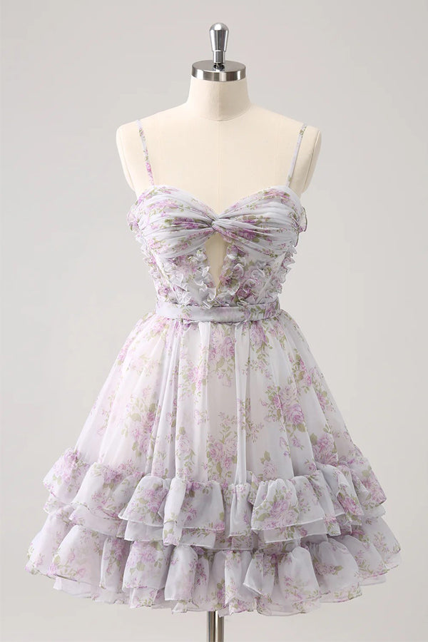 Robe de bal lilas à fleurs, jolie robe de bal avec trou PD561