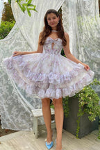Robe de bal lilas à fleurs, jolie robe de bal avec trou PD561