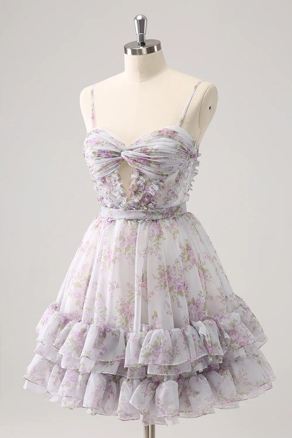 Robe de bal lilas à fleurs, jolie robe de bal avec trou PD561