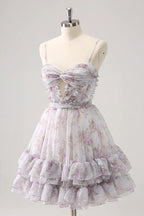 Robe de bal lilas à fleurs, jolie robe de bal avec trou PD561