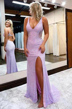 Vestidos largos de fiesta de sirena brillantes con escote en V y abertura, vestido de noche