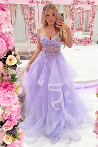 Tulle A-line V-neck Lace Appliques Long Prom Dresses, Evening Gown