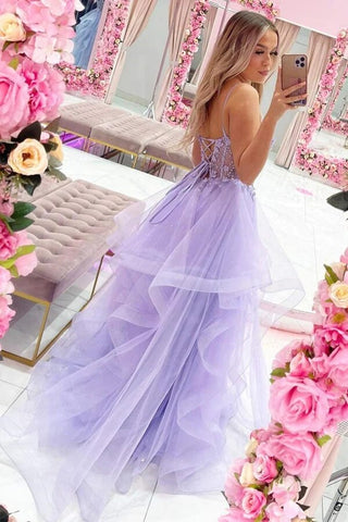 Tulle A-line V-neck Lace Appliques Long Prom Dresses, Evening Gown