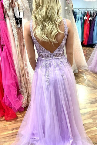 Tulle A-line V-neck Lace Appliques Prom Dresses, Long Formal Dress