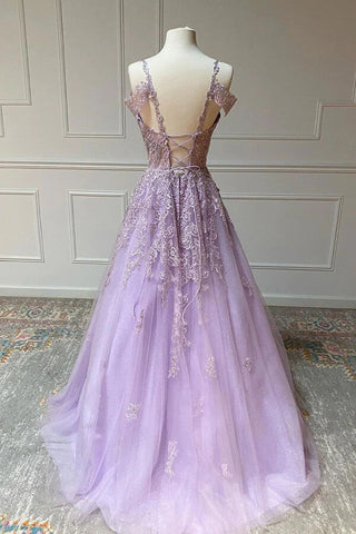 Tulle A-line V-neck Prom Dresses With Lace Appliques, Evening Dress