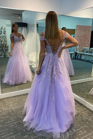 Tulle A-line V-neck Prom Dresses With Lace Appliques, Evening Dress