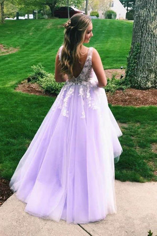 Tulle Lace A-line V-neck Open Back Prom Dresses, Long Formal Dress