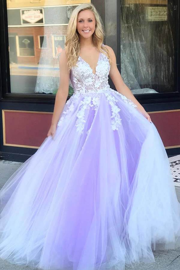 Tulle Lace A-line V-neck Open Back Prom Dresses, Long Formal Dress
