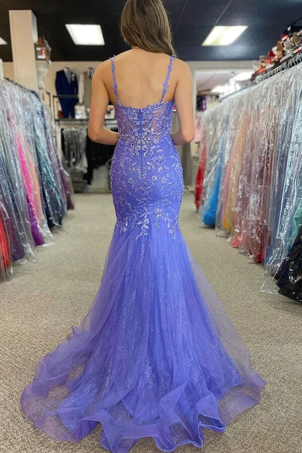 Vestidos largos de fiesta de sirena de tul con tirantes finos y apliques